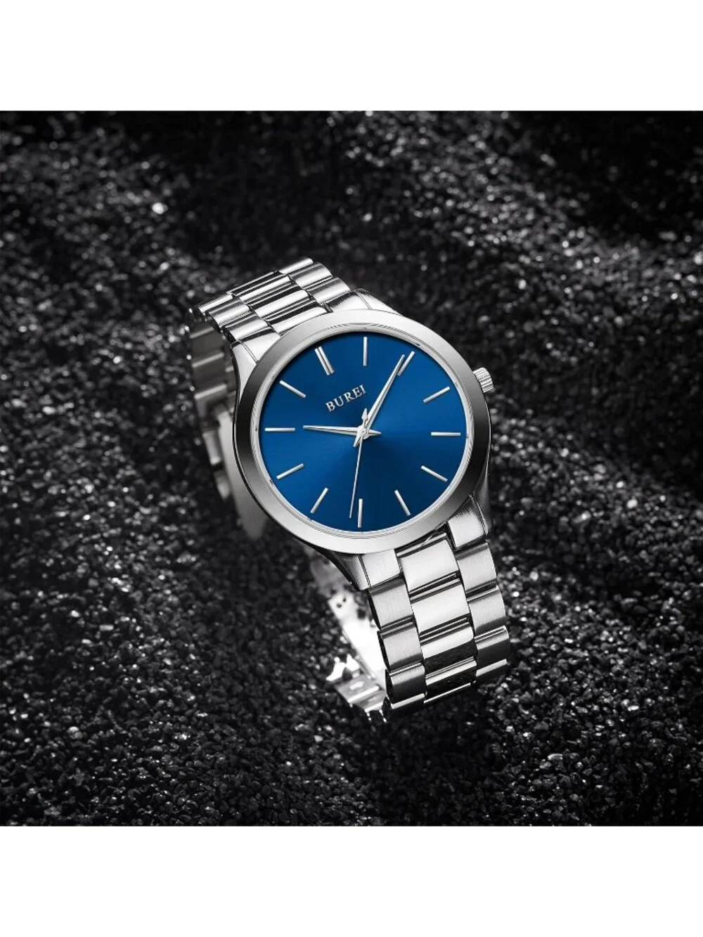 Men's Silver Blue Analog Quartz Stainless Steel Waterproof Round Luxury Watch